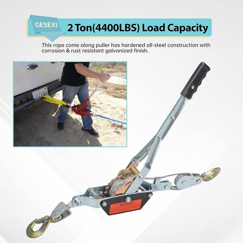 GESEXI 4 Ton Dual Gear Power Puller, 2 Hook Steel Cable Dual Gear Power Ratchet Come Along Puller Tool with Cable Automotive Hoist Hand Winch Cable Puller Stretcher Lift 8,800 Lbs - Image 4